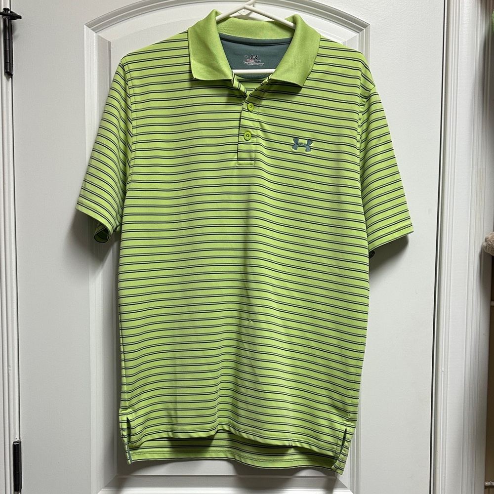 Under Armour Men's Lime and Navy Striped Polo
